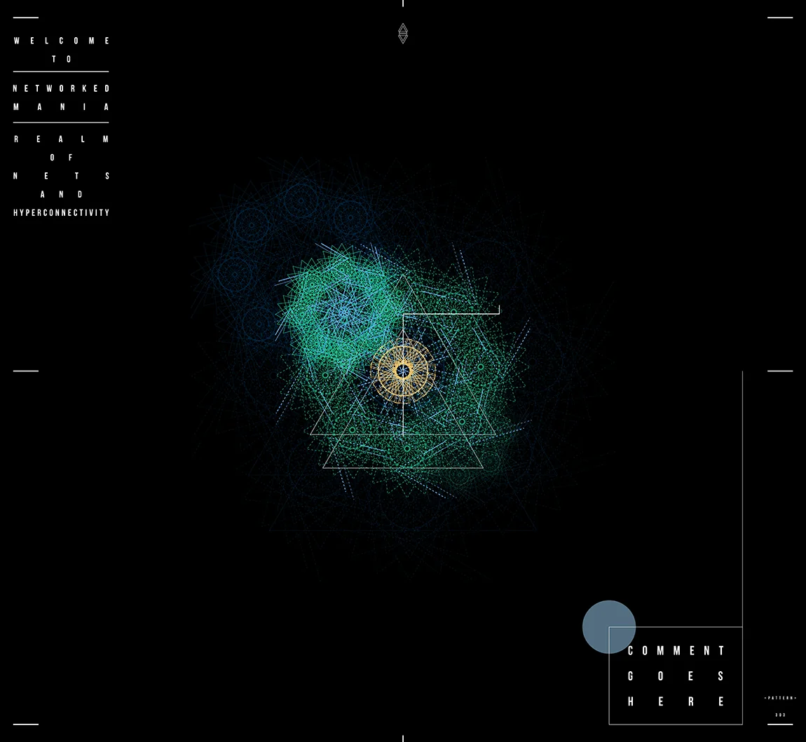 A cloud of green and blue line stars around a small gold rosette and two white triangle outlines on black