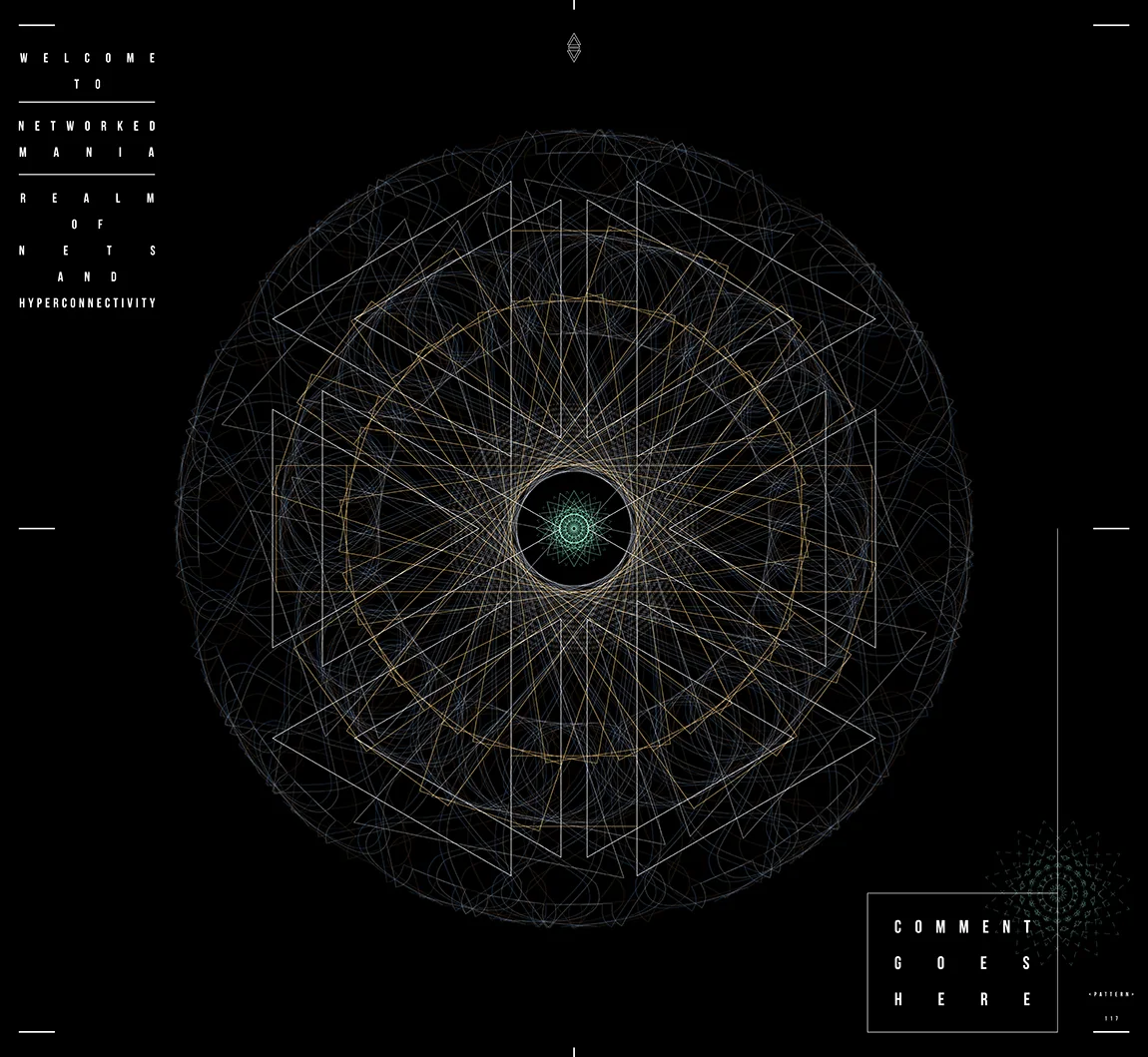 White and gold squares and hexagons inside a gray ring of loops around a small green center on black