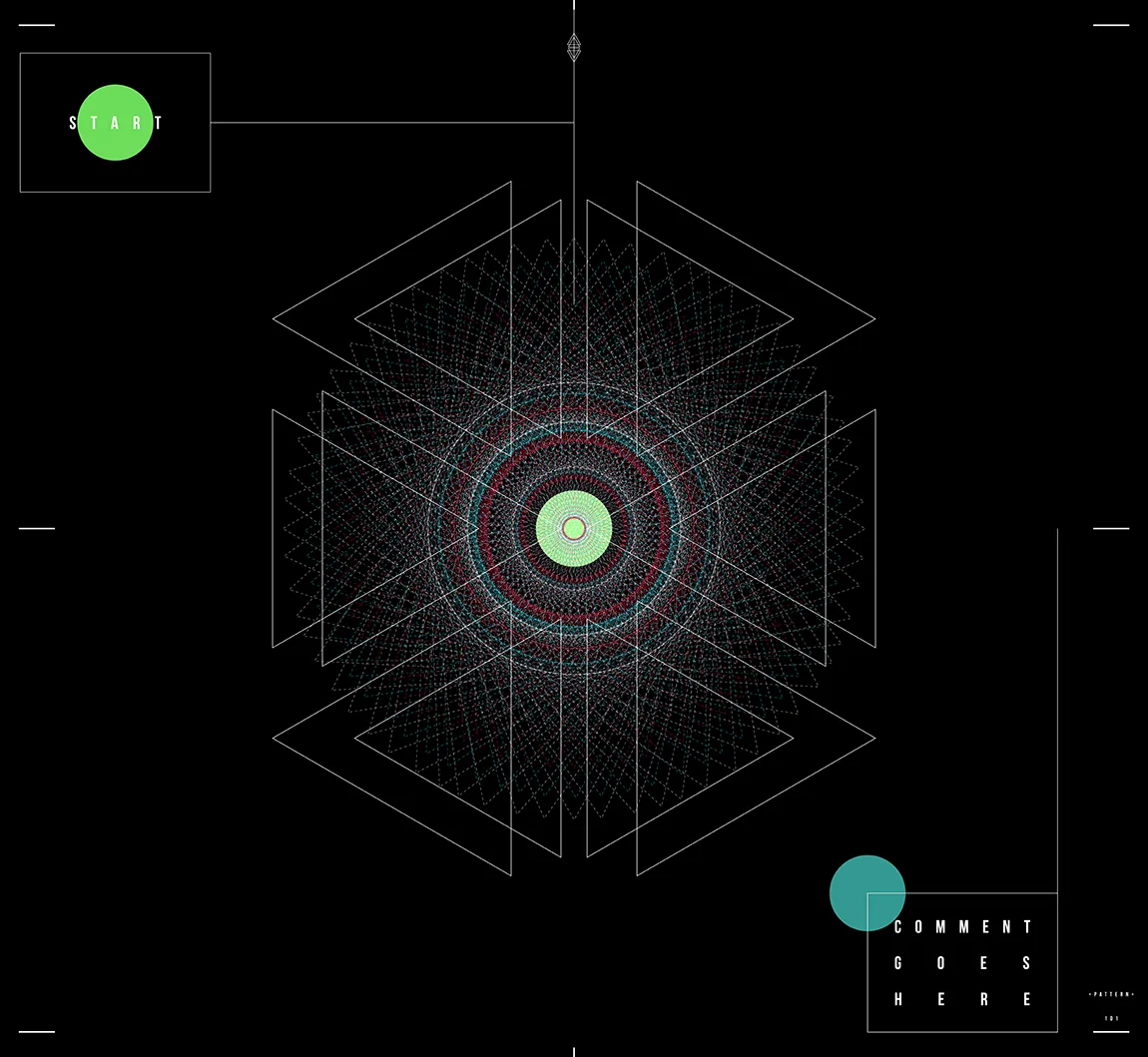 A hexagon of white triangle outlines around a red and teal rosette with a pale green center, a green Start button at the top left