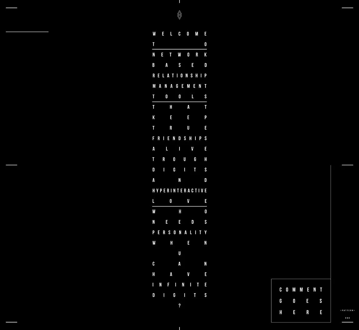 The full manifesto in a column of spaced white capitals on black, ending Who needs personality when u can have infinite digits?