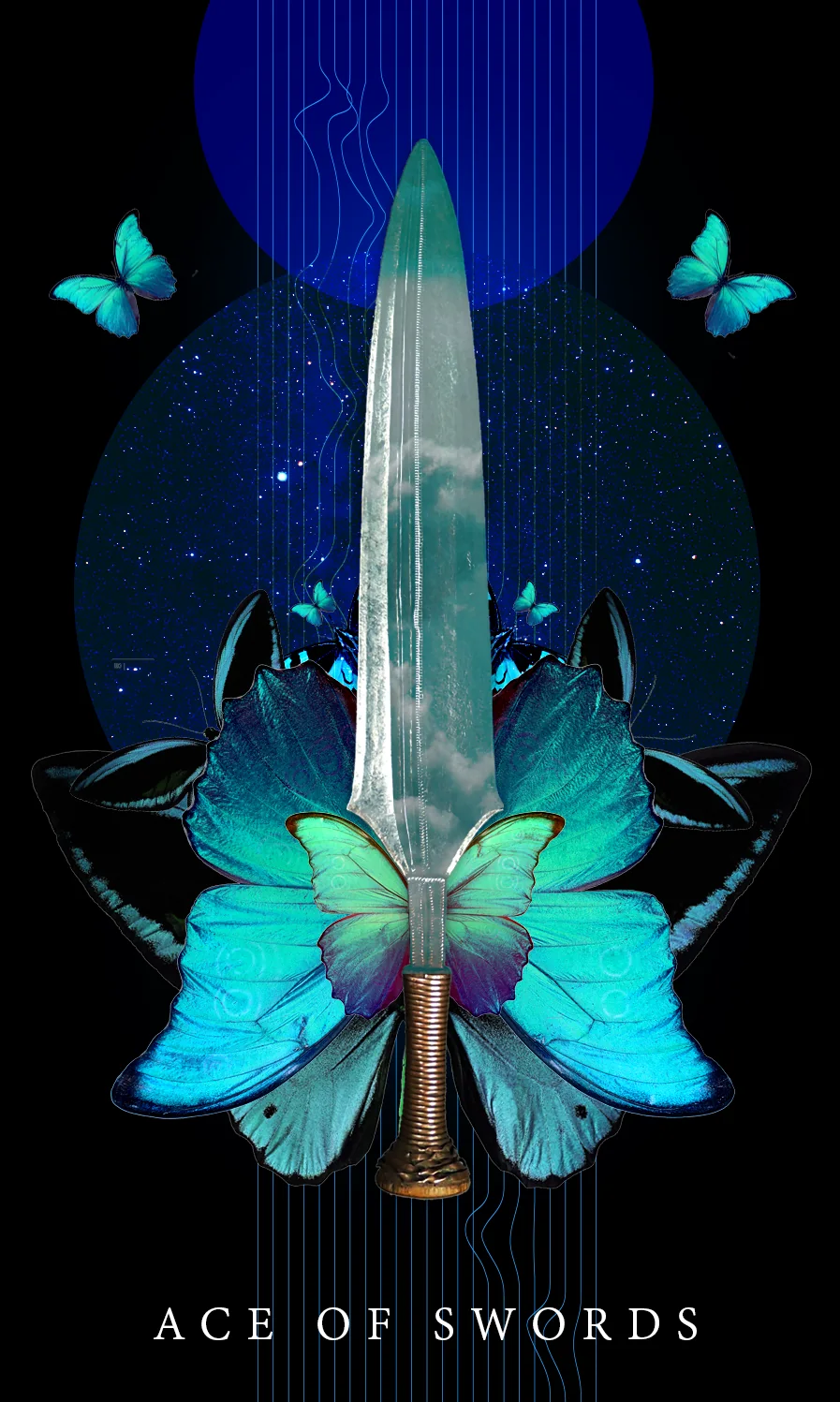 Tarot card Ace of Swords: a sword with turquoise butterfly wings against a starry circle on black