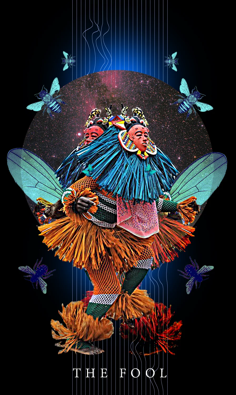Tarot card The Fool: a masked dancer in a raffia costume with insect wings, framed by stars and butterflies