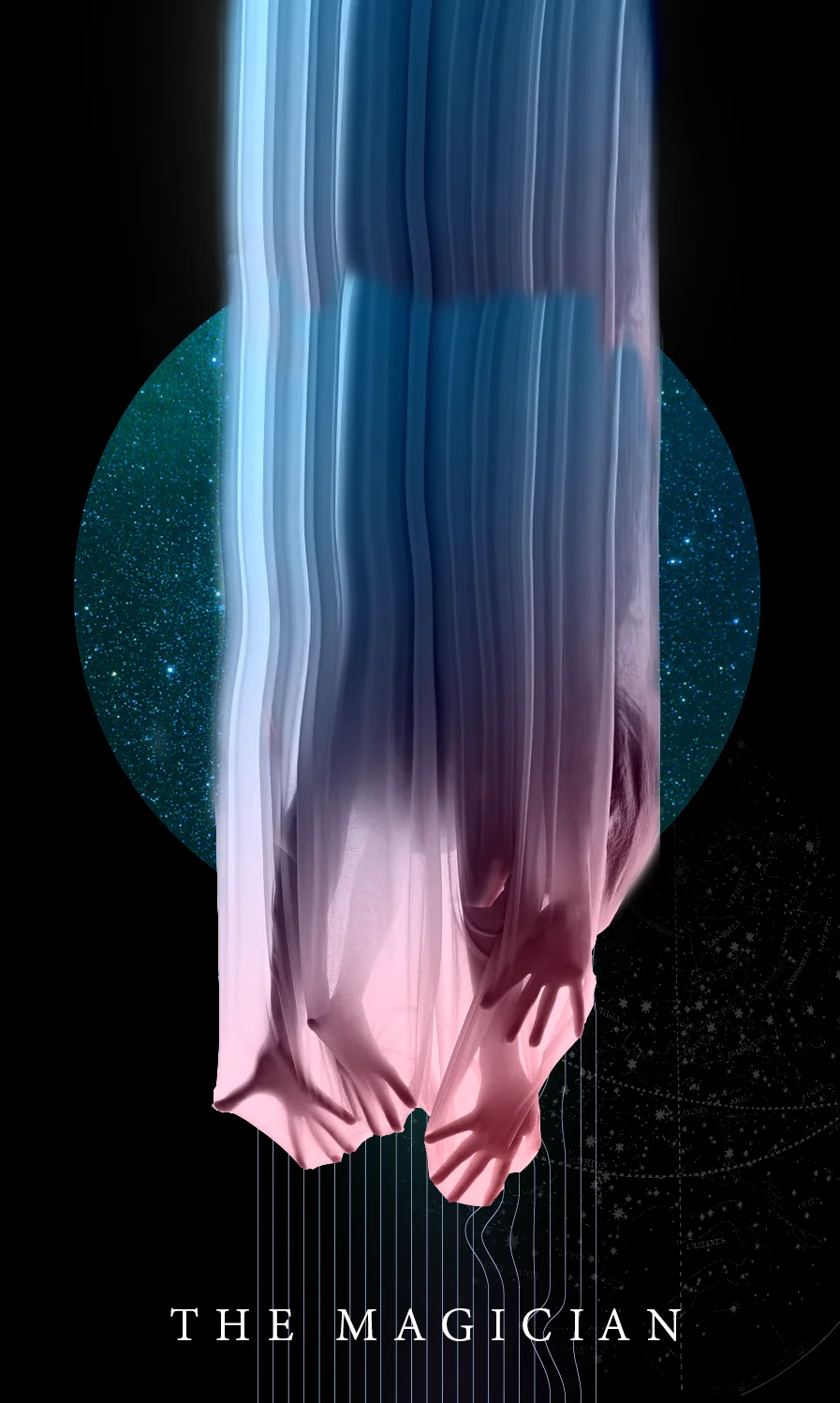 Tarot card The Magician: a cascade of blue light that turns into draped pink cloth, on black