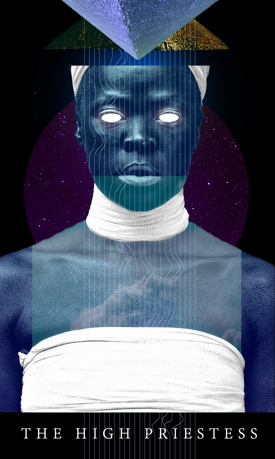 Tarot card The High Priestess: a woman with glowing white eyes, a white headwrap and neck rings, a pyramid above her