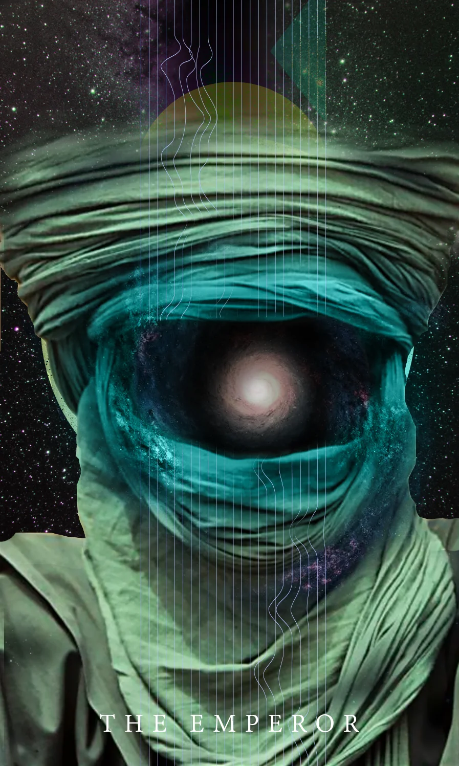 Tarot card The Emperor: a figure wrapped in a teal veil with a glowing galaxy where the face would be