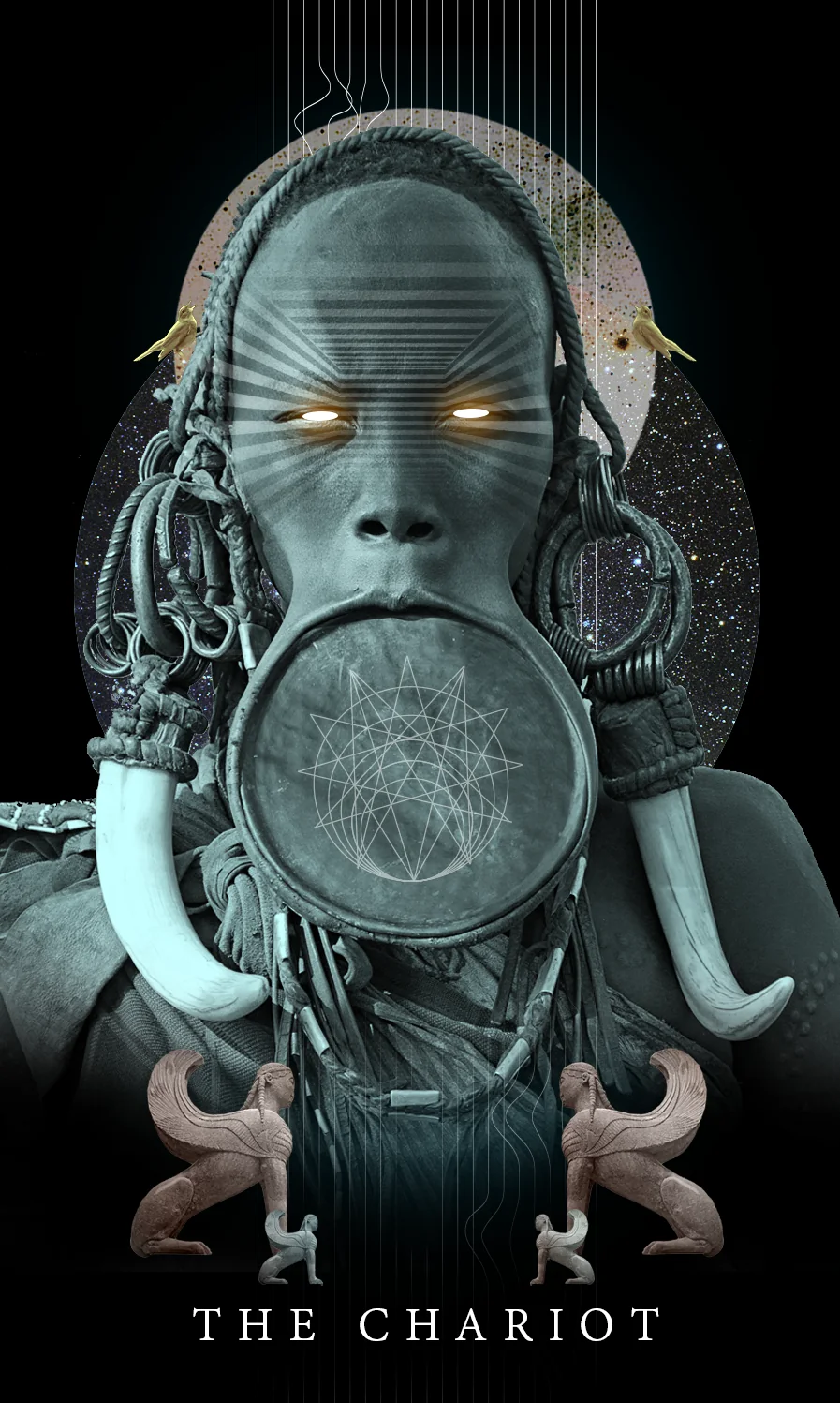 Tarot card The Chariot: a face with glowing eyes, a lip plate, tusks and metal ornaments in silver tones