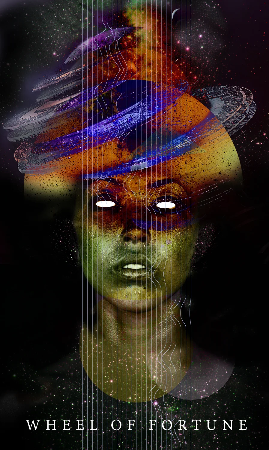 Tarot card Wheel of Fortune: a woman's face under a swirling headdress of planets and rings
