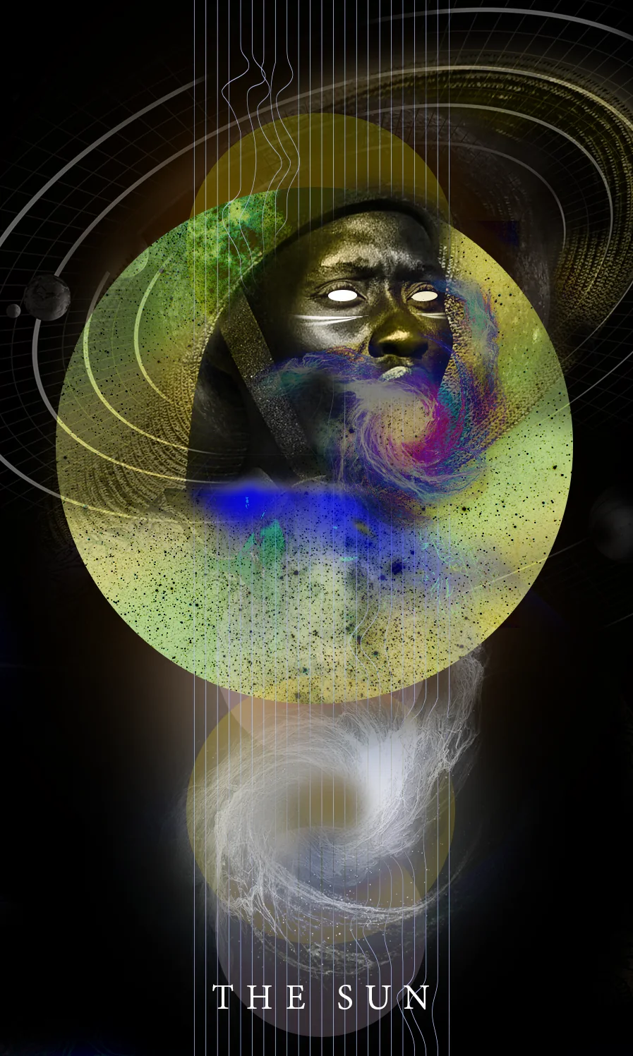 Tarot card The Sun: a face inside a golden sphere with planetary rings and a spiral galaxy below