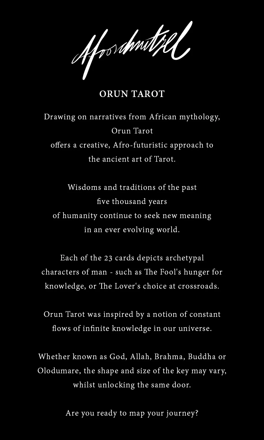 Introduction card: the Afroschnitzel signature and Orun Tarot above a centered text on black about the deck, its roots in African mythology and its 23 cards