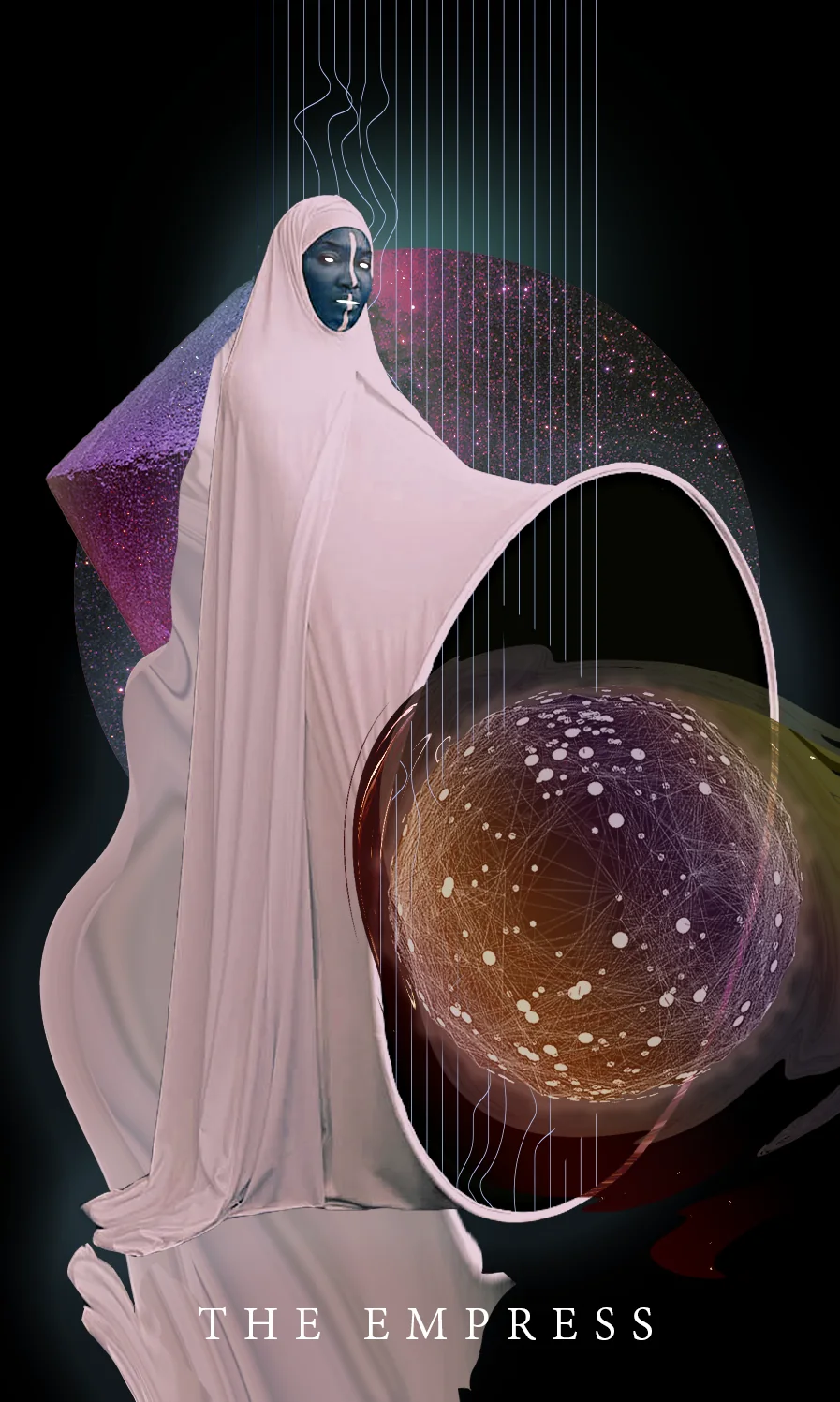 Tarot card The Empress: a woman with a painted face in a flowing pale pink robe that sweeps into a ring around a glowing sphere of network lines