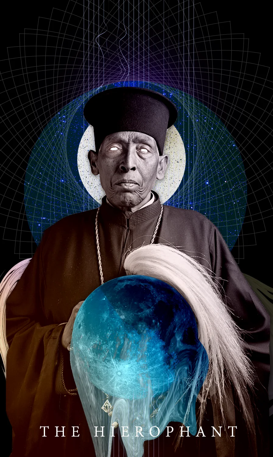 Tarot card The Hierophant: an elderly priest with white eyes in a black cap and robe, holding a melting blue moon and a white horsetail whisk