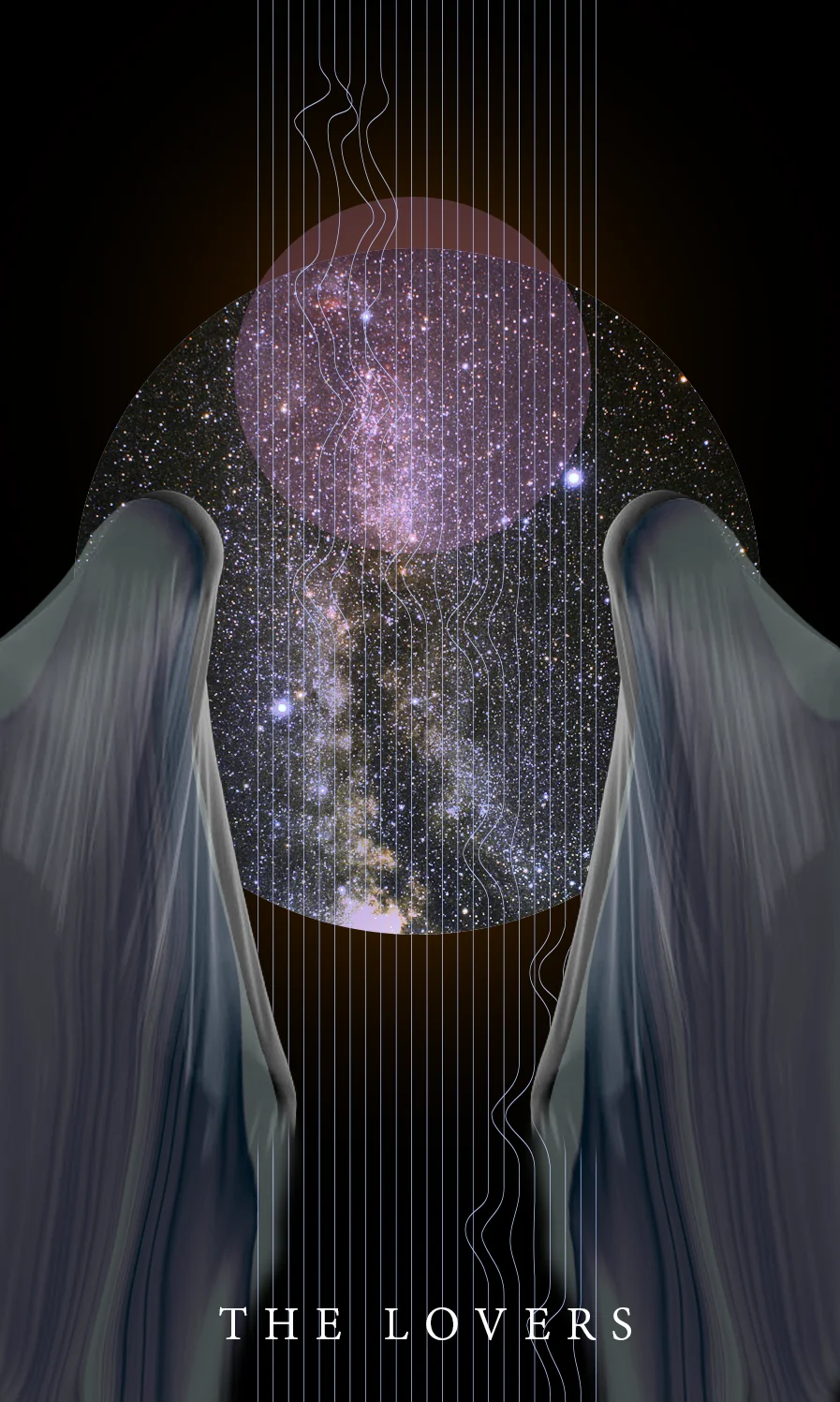 Tarot card The Lovers: two veiled gray figures facing each other on either side of a starry circle of the Milky Way