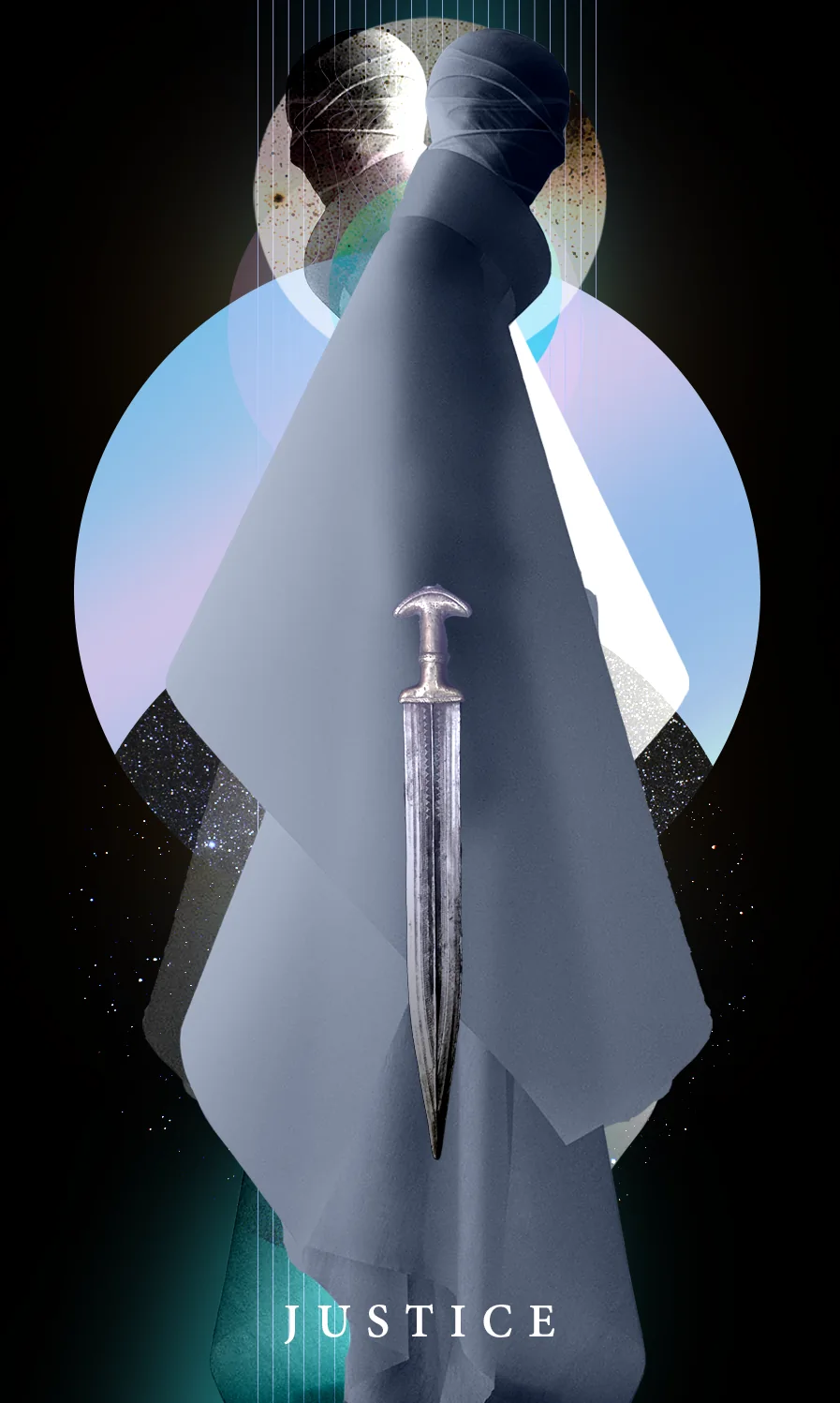 Tarot card Justice: a figure veiled in pale blue cloth with a dagger hanging at its center, in front of a pale blue circle