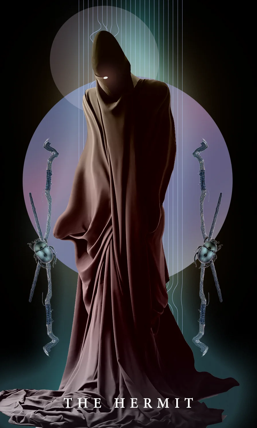 Tarot card The Hermit: a hooded figure in a long brown robe with one glowing eye, between two carved staffs with beetles