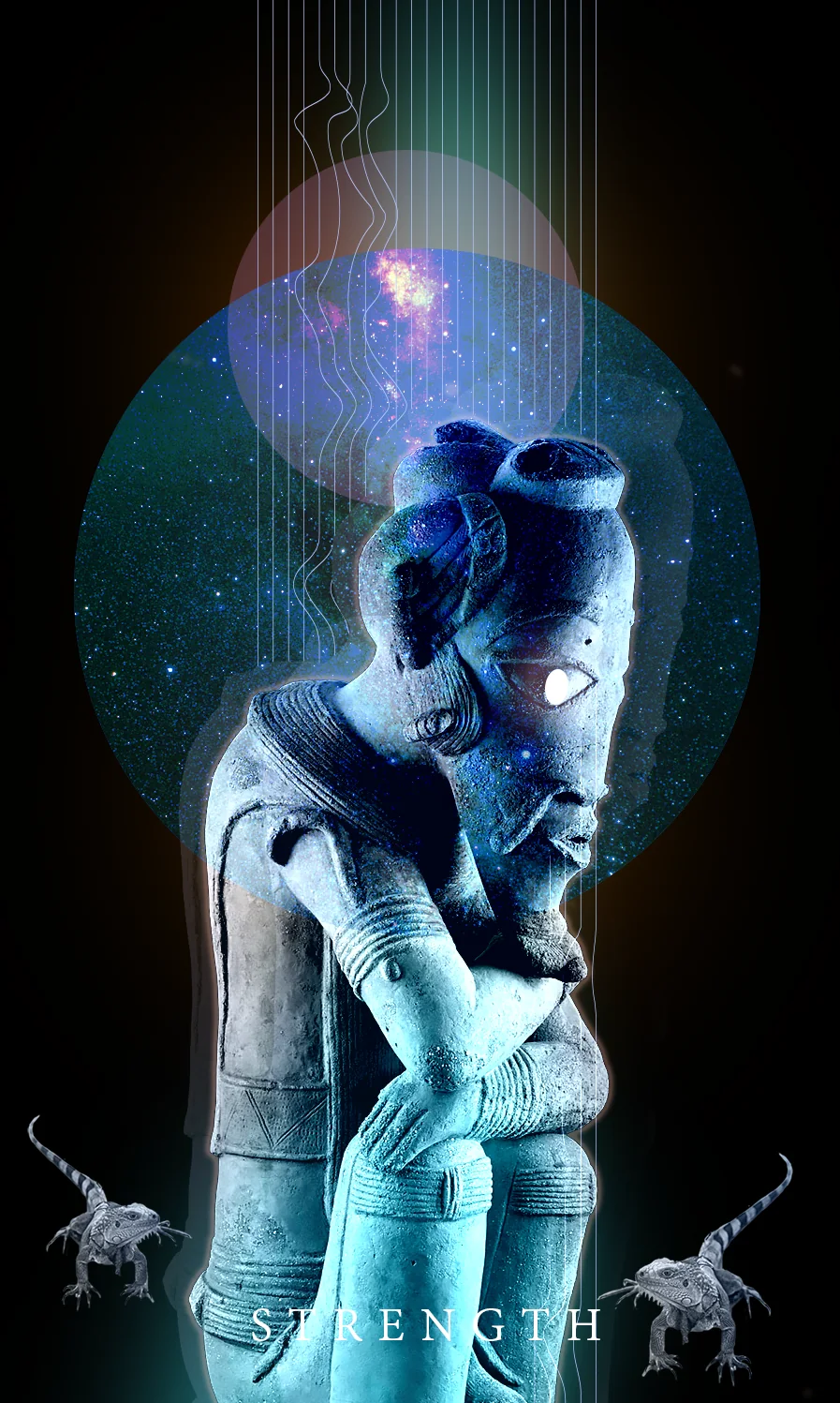 Tarot card Strength: a seated clay figure in blue tones with a glowing eye, its chin on its hands, two lizards at its feet