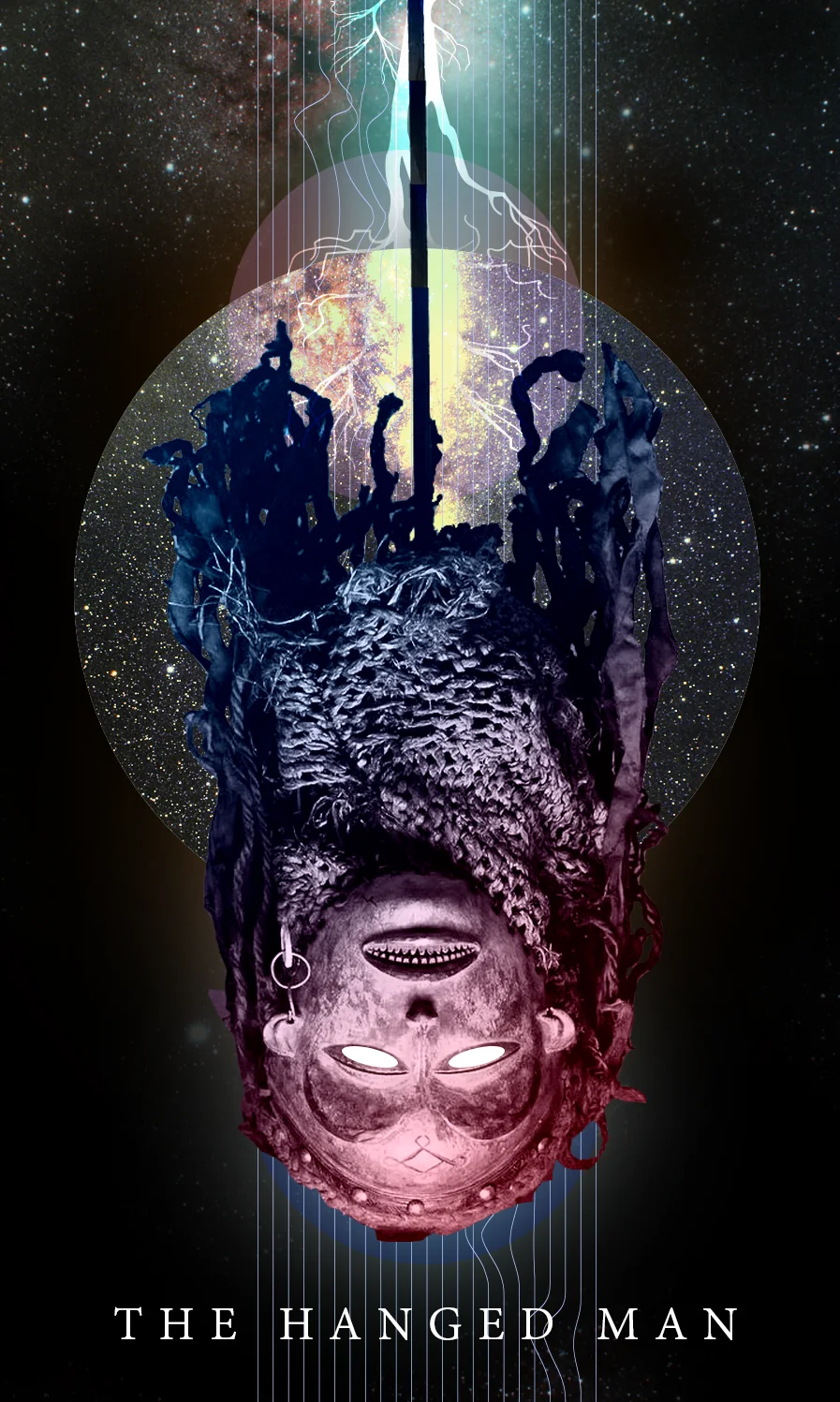 Tarot card The Hanged Man: an upside-down mask with glowing eyes and a crown of raffia, hanging from a lightning bolt in front of the Milky Way