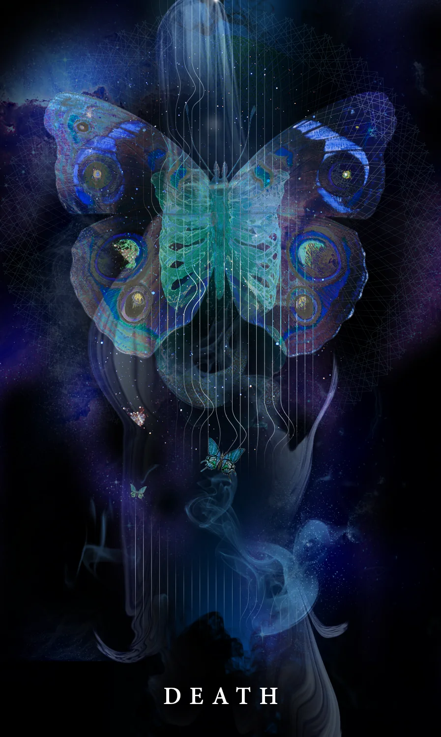 Tarot card Death: a teal ribcage with peacock butterfly wings above drifting smoke, in deep blue