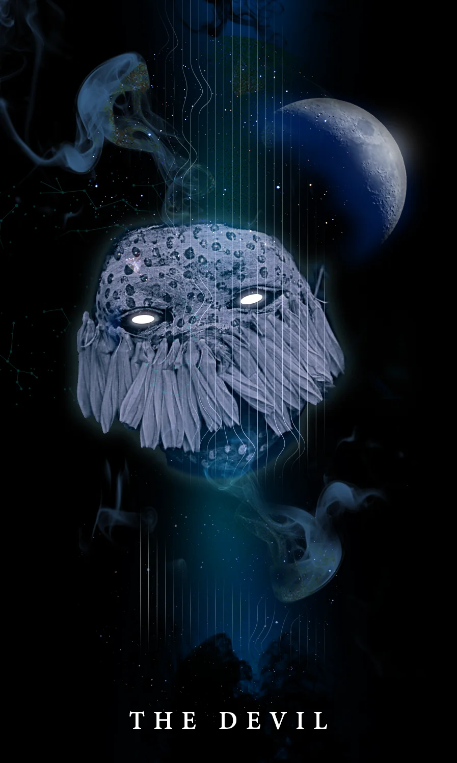 Tarot card The Devil: a spotted mask with glowing eyes and a fringe of feathers, between smoke and a crescent moon