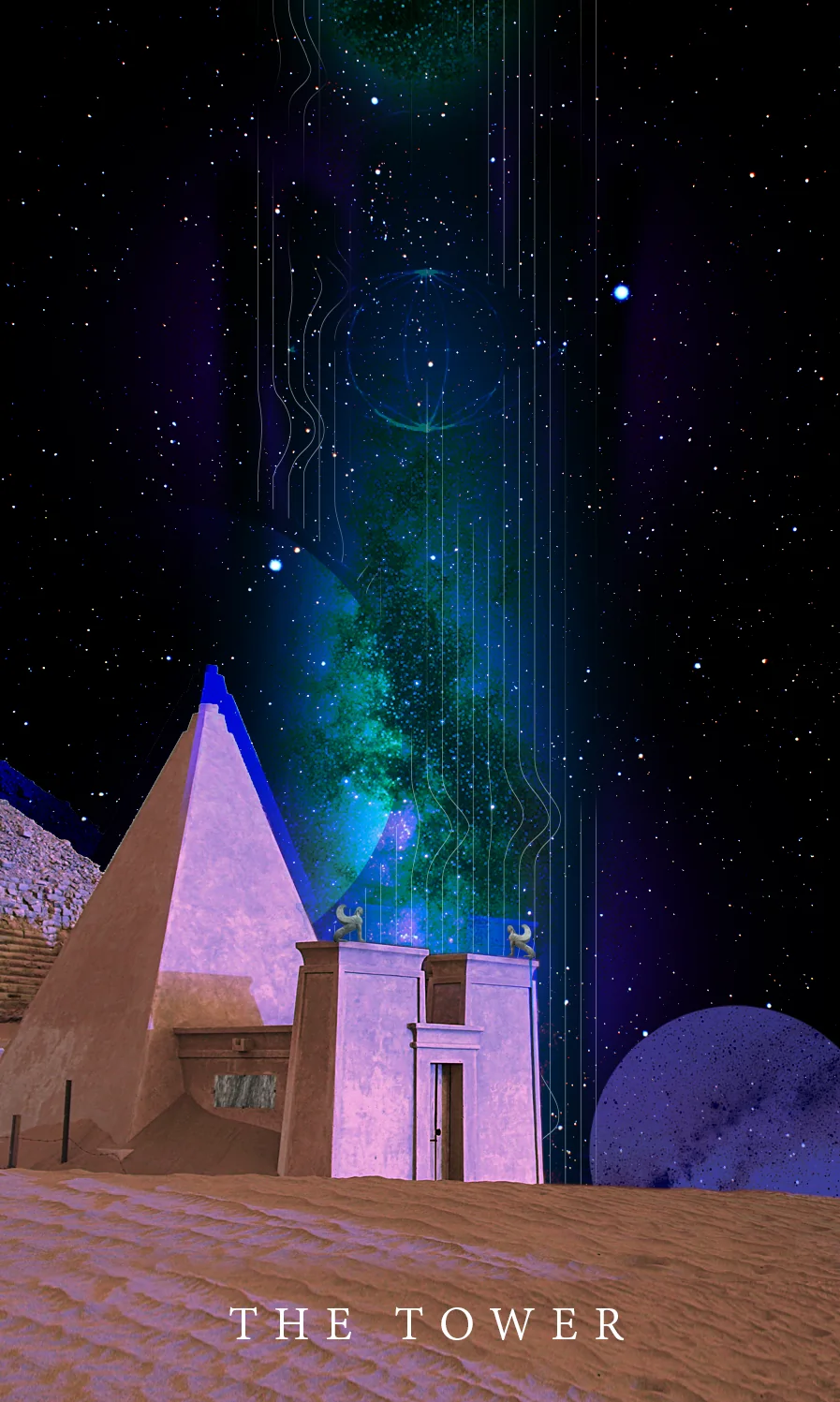 Tarot card The Tower: a steep pyramid and a temple gate in desert sand under the Milky Way, a violet planet low on the right