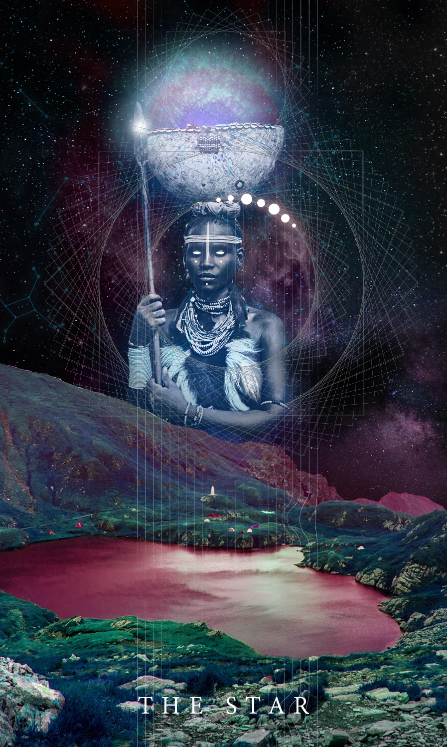 Tarot card The Star: a woman with white eyes and bead necklaces holding a staff, a bowl on her head, above a red crater lake in green hills