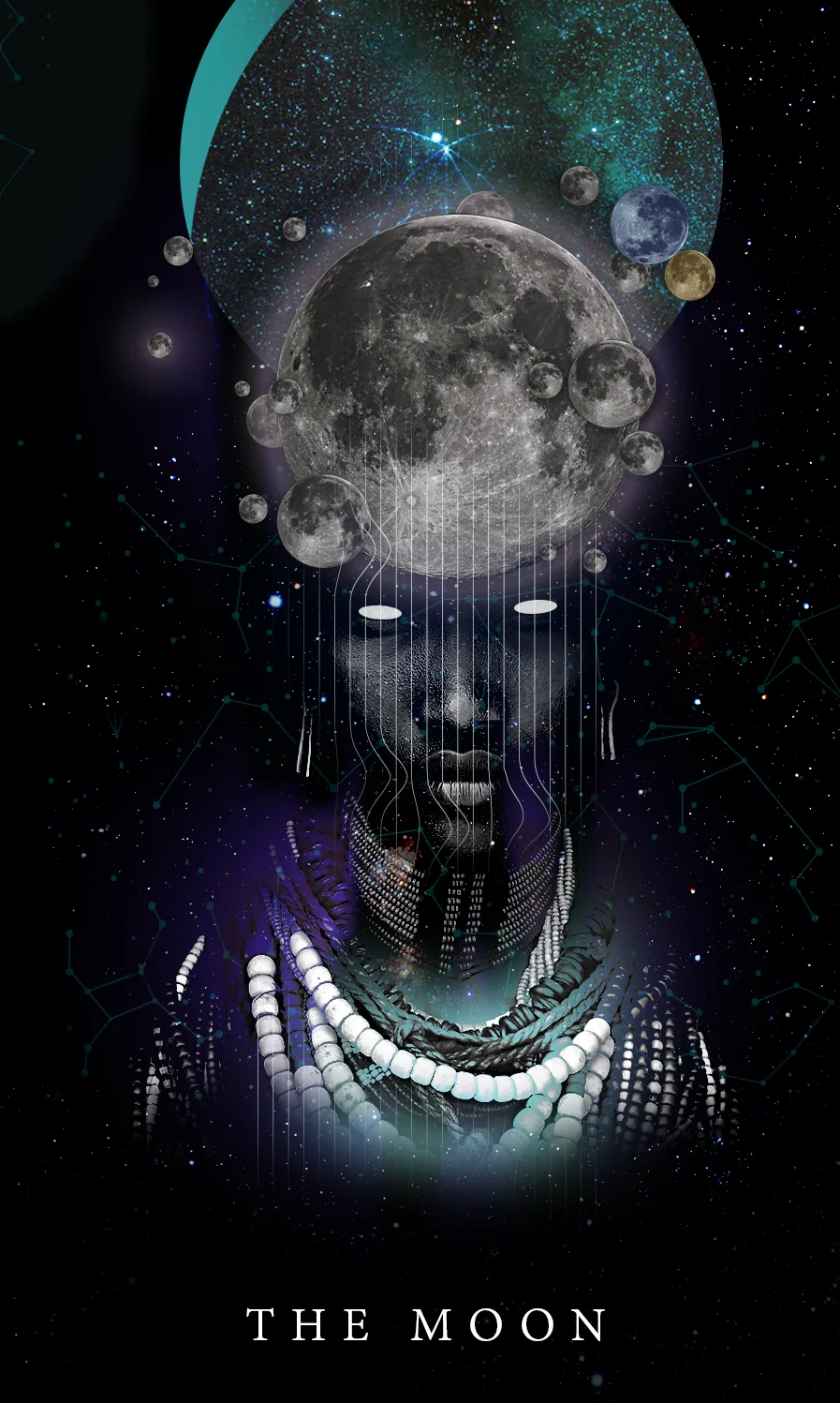 Tarot card The Moon: a dark face with white eyes and rows of white bead necklaces under a gray moon ringed by smaller planets