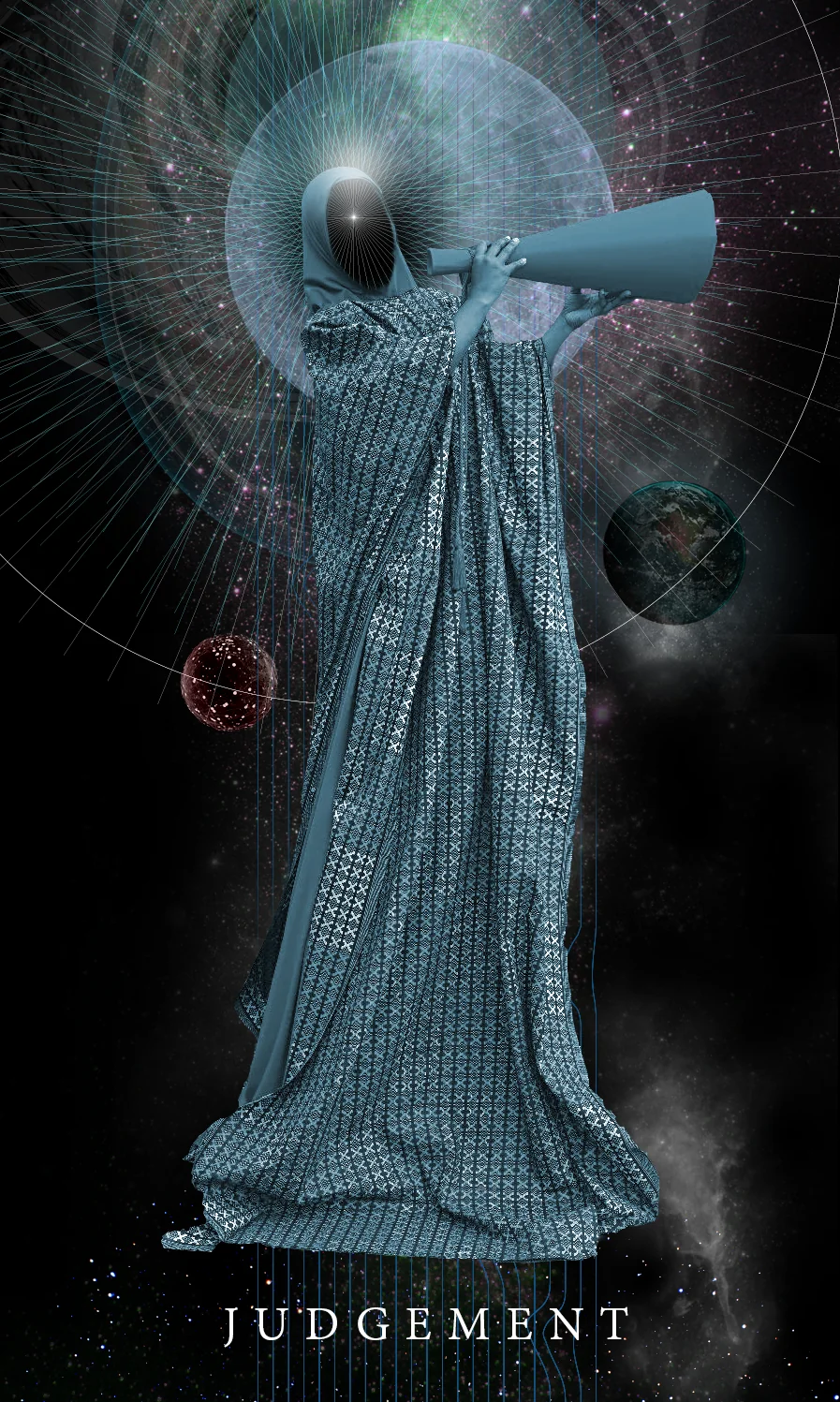 Tarot card Judgement: a veiled figure in a patterned teal robe blowing a long horn, with a halo of light rays and planets