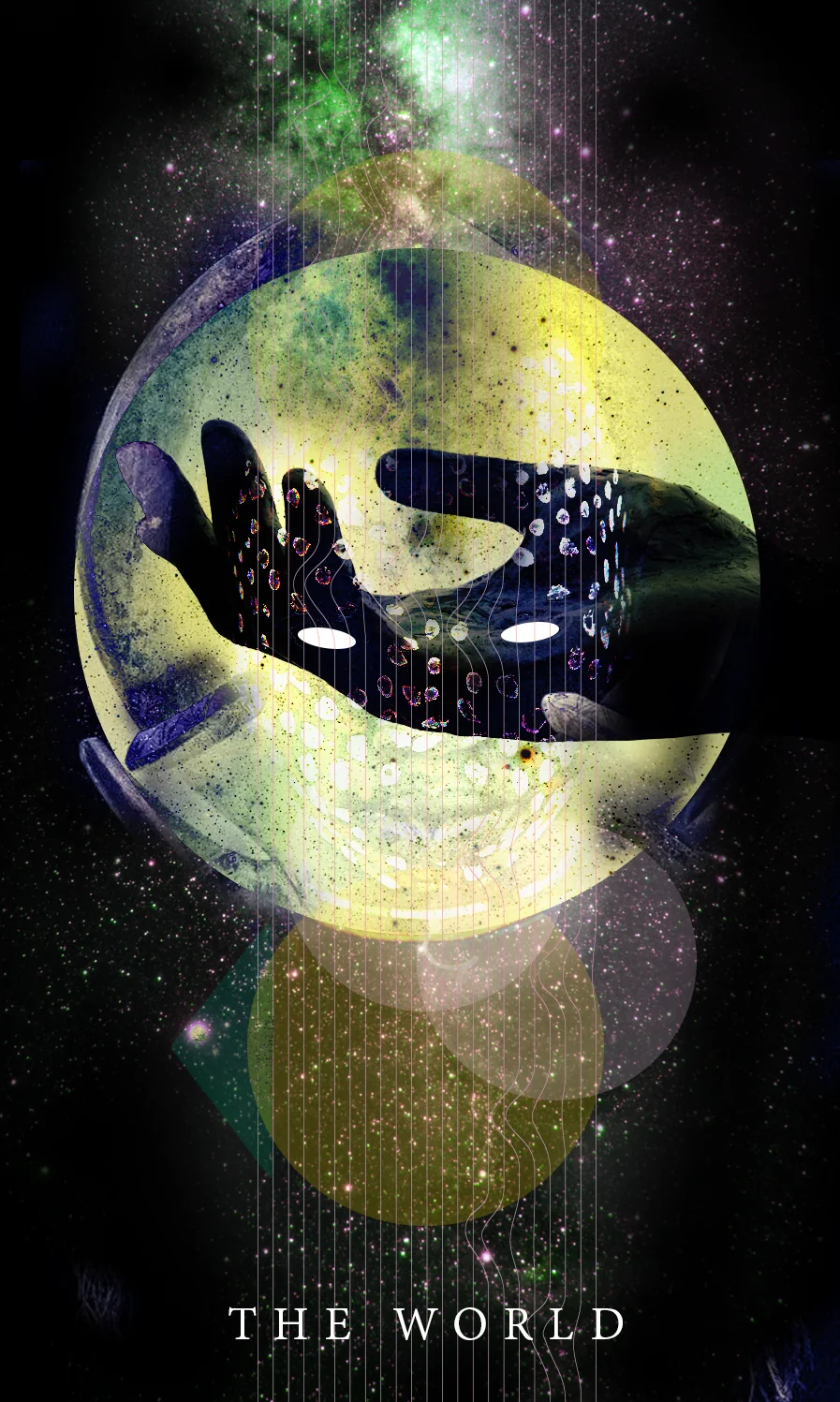 Tarot card The World: dark hands spotted with light cradling a glowing yellow and green sphere with two white eyes, among stars
