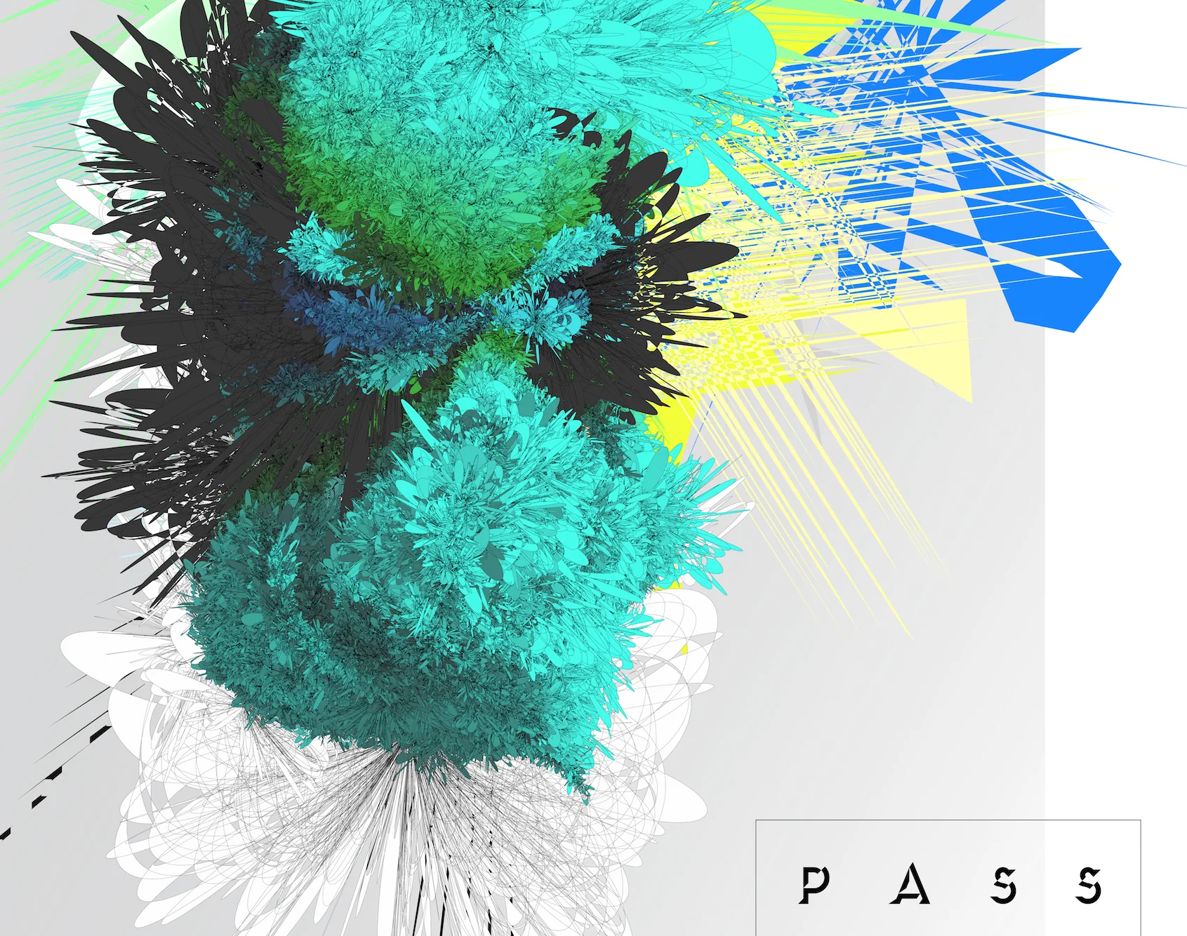 Close-up of the teal form and its shards, labeled Pass