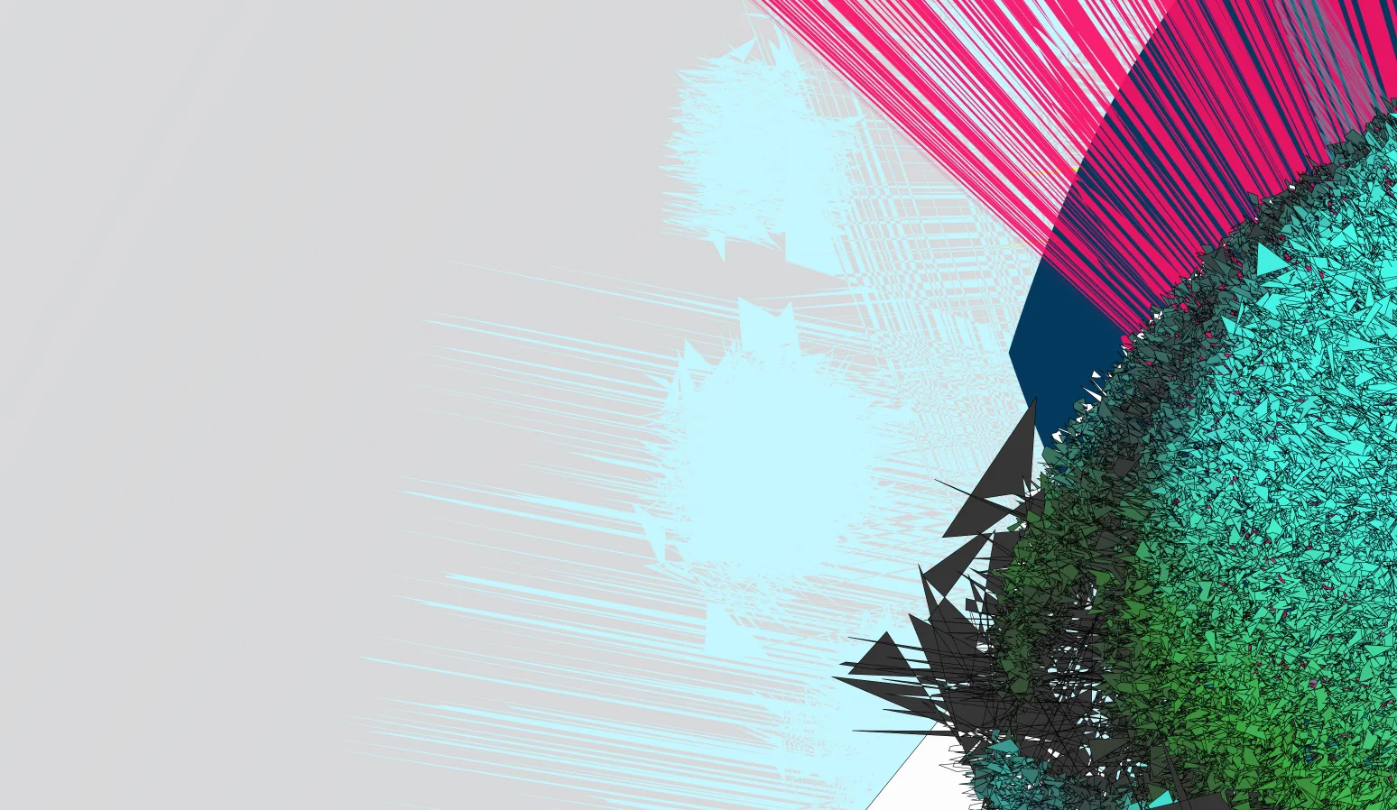 Wide crop: pink shards and a teal form at the right edge of a light gray field