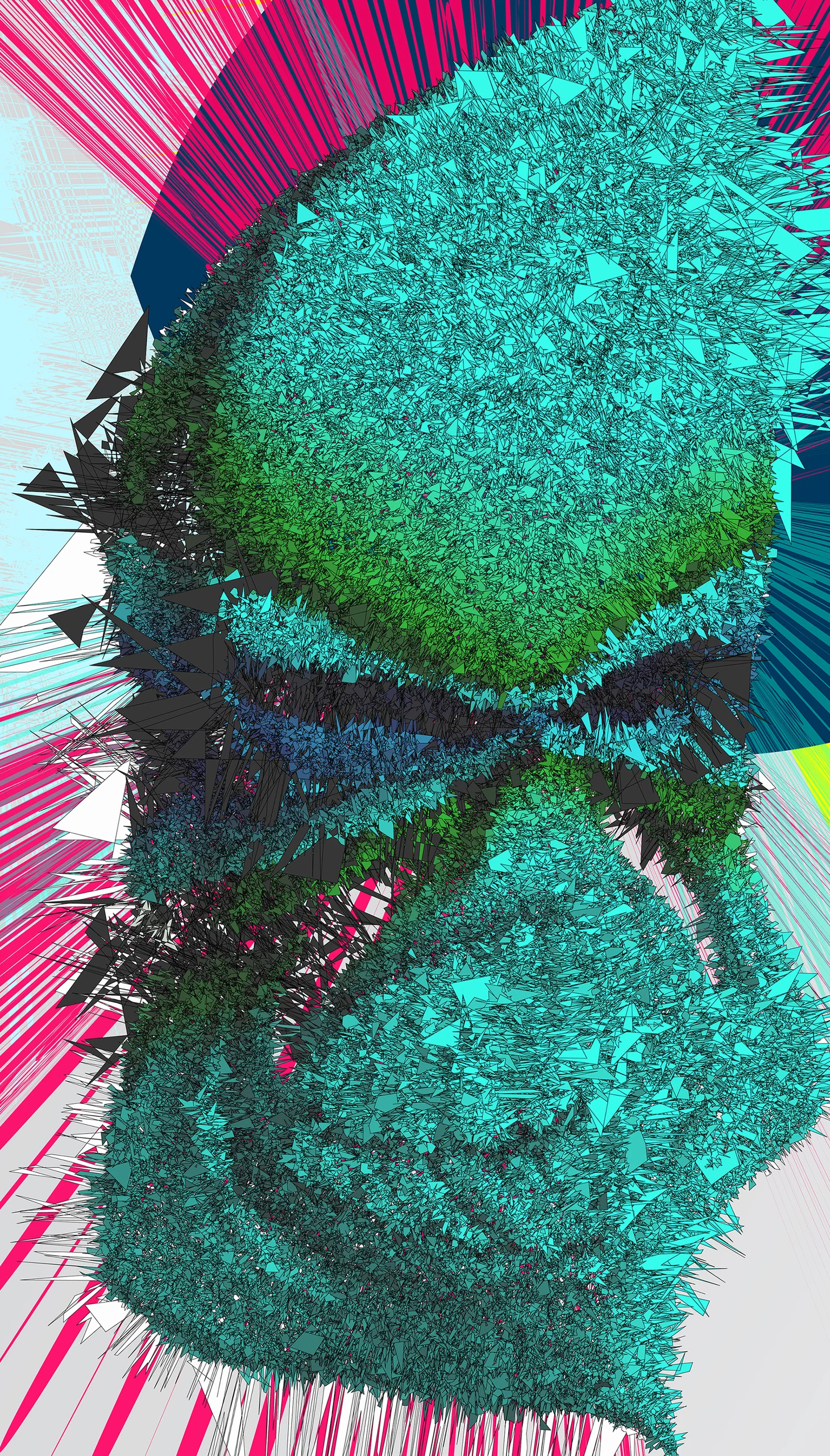 Tall close-up of the teal and green form with pink shards