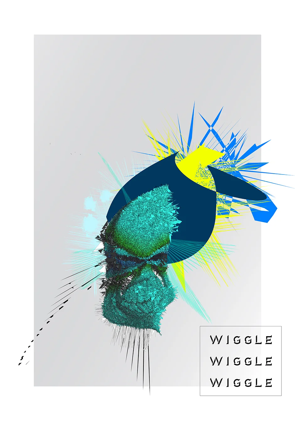 A teal form with dark blue and yellow shards on light gray, labeled Wiggle Wiggle Wiggle