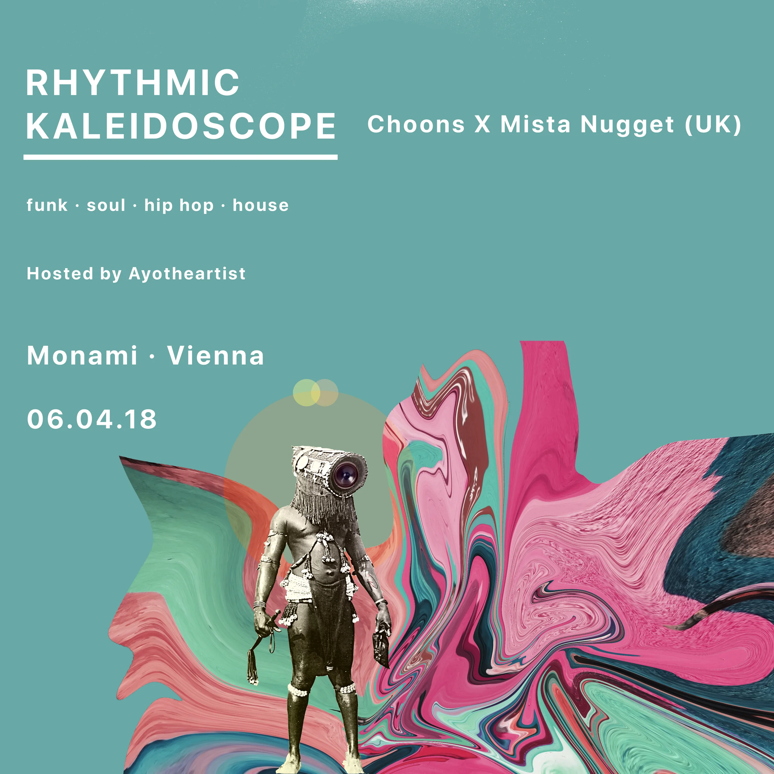 Rhythmic Kaleidoscope poster on teal: a figure with a camera for a head in front of liquid marbled shapes, with the event details