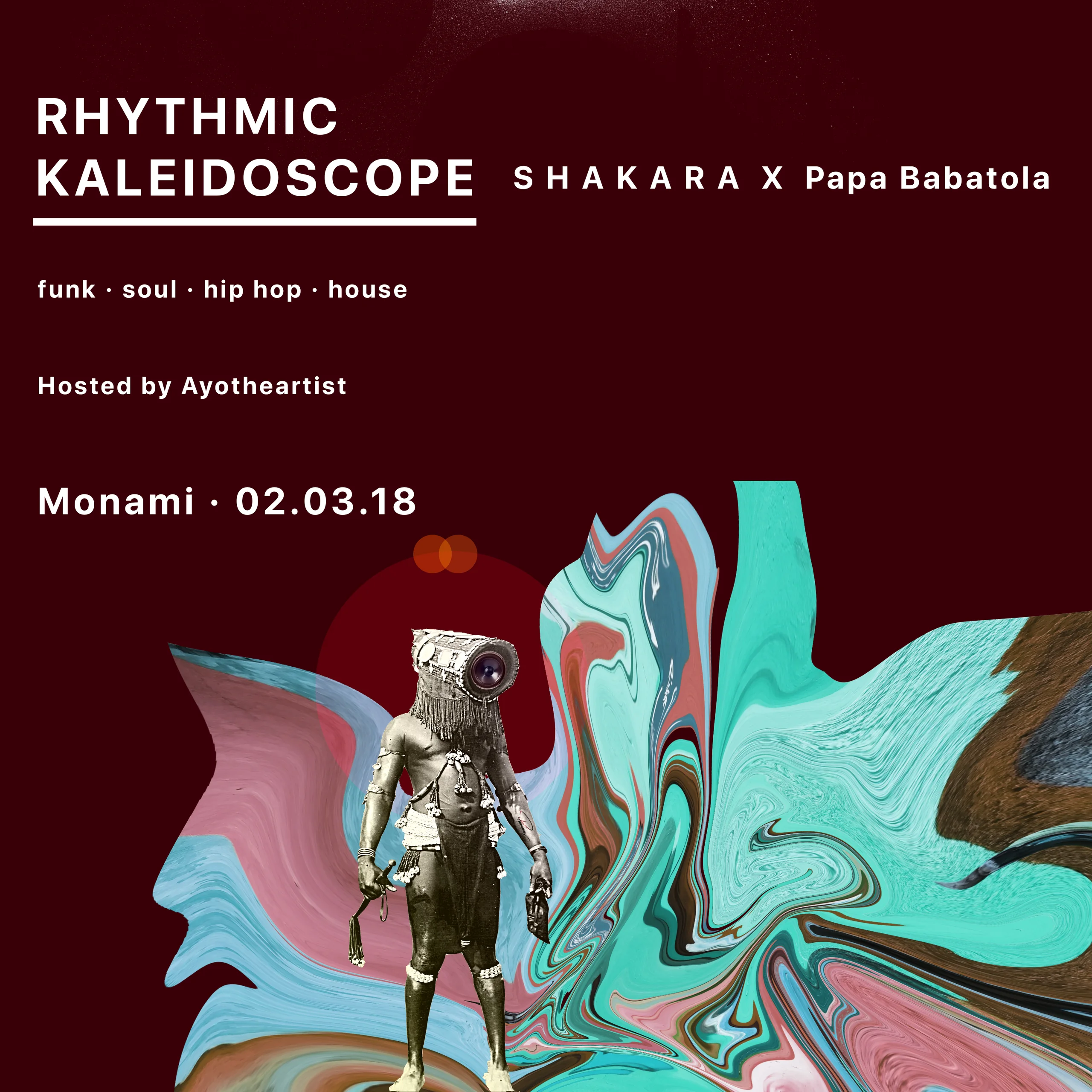 Rhythmic Kaleidoscope poster on deep maroon with the same liquid collage and a new line-up