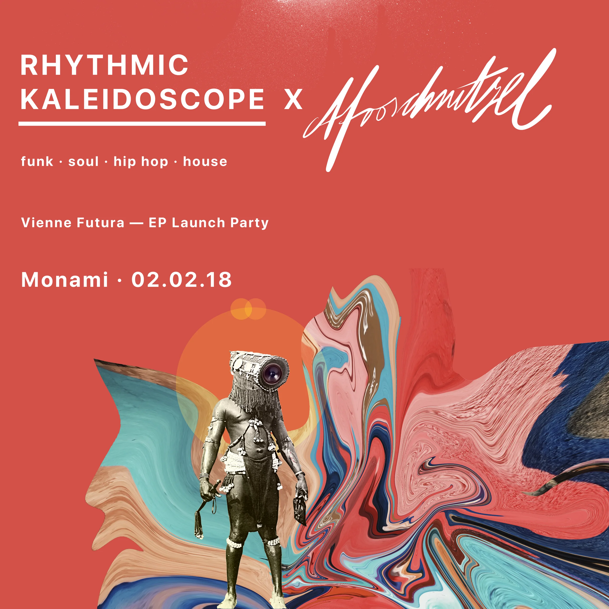Rhythmic Kaleidoscope poster on red, the Afroschnitzel edition, with a handwritten Afroschnitzel signature