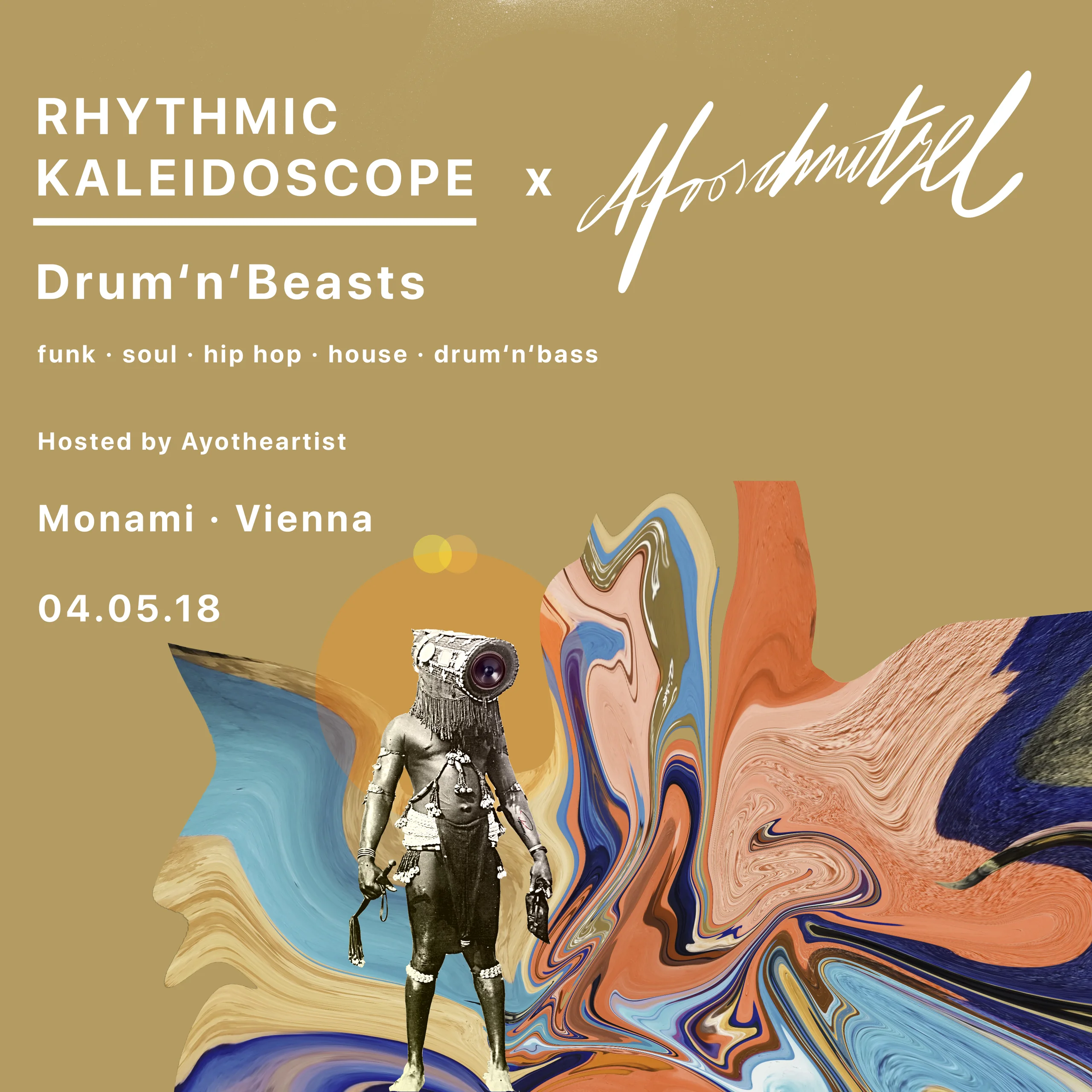 Rhythmic Kaleidoscope poster on khaki for the Drum'n'Beasts edition with Afroschnitzel