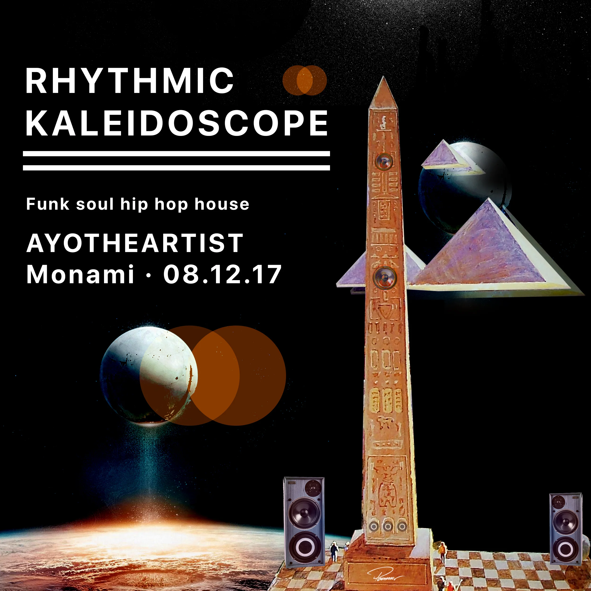 Rhythmic Kaleidoscope poster on black: an obelisk and glass pyramids in space between two speakers, Ayotheartist named as host