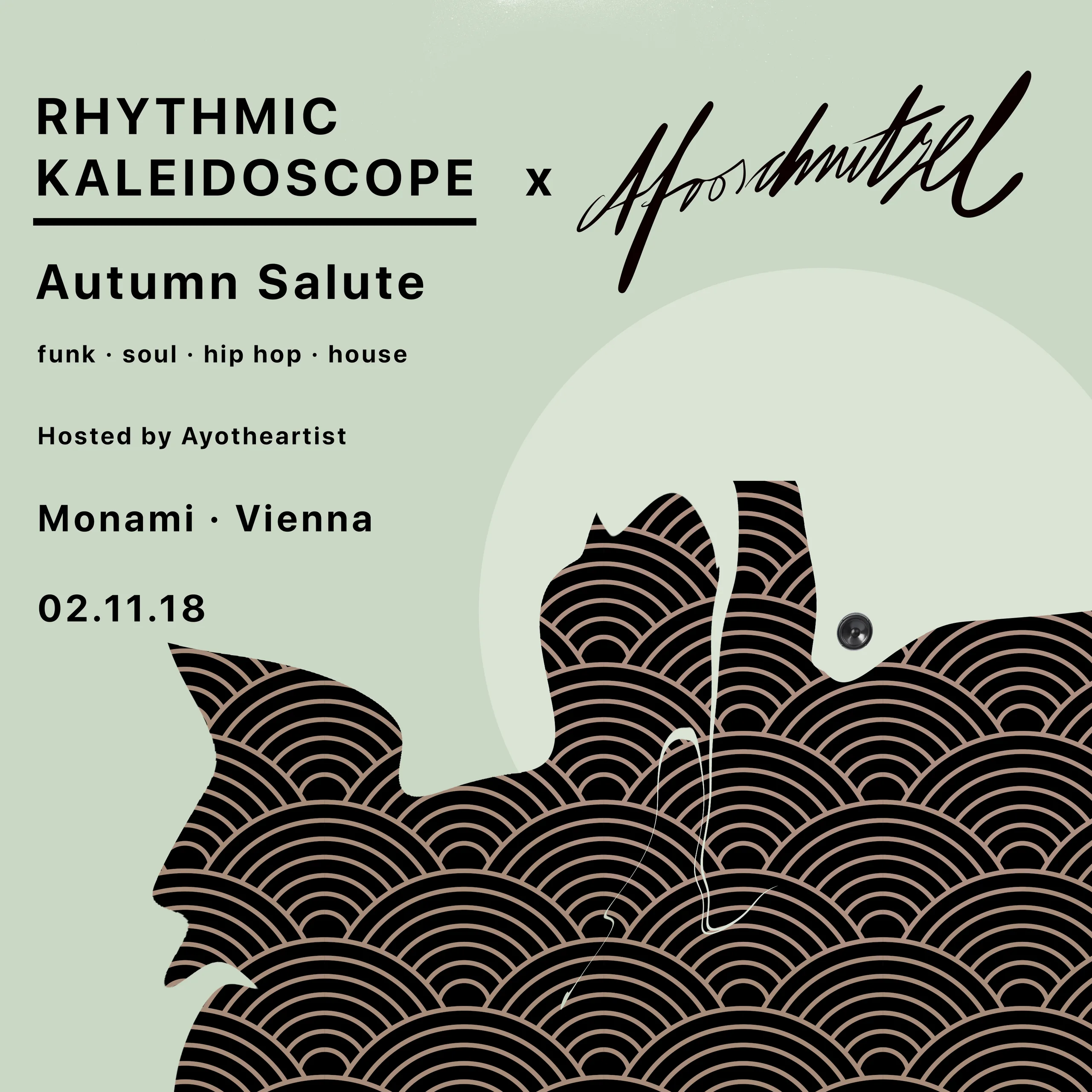 Rhythmic Kaleidoscope x Afroschnitzel poster on sage green for Autumn Salute: a black silhouette filled with a wave pattern in front of a pale moon, hosted by Ayotheartist