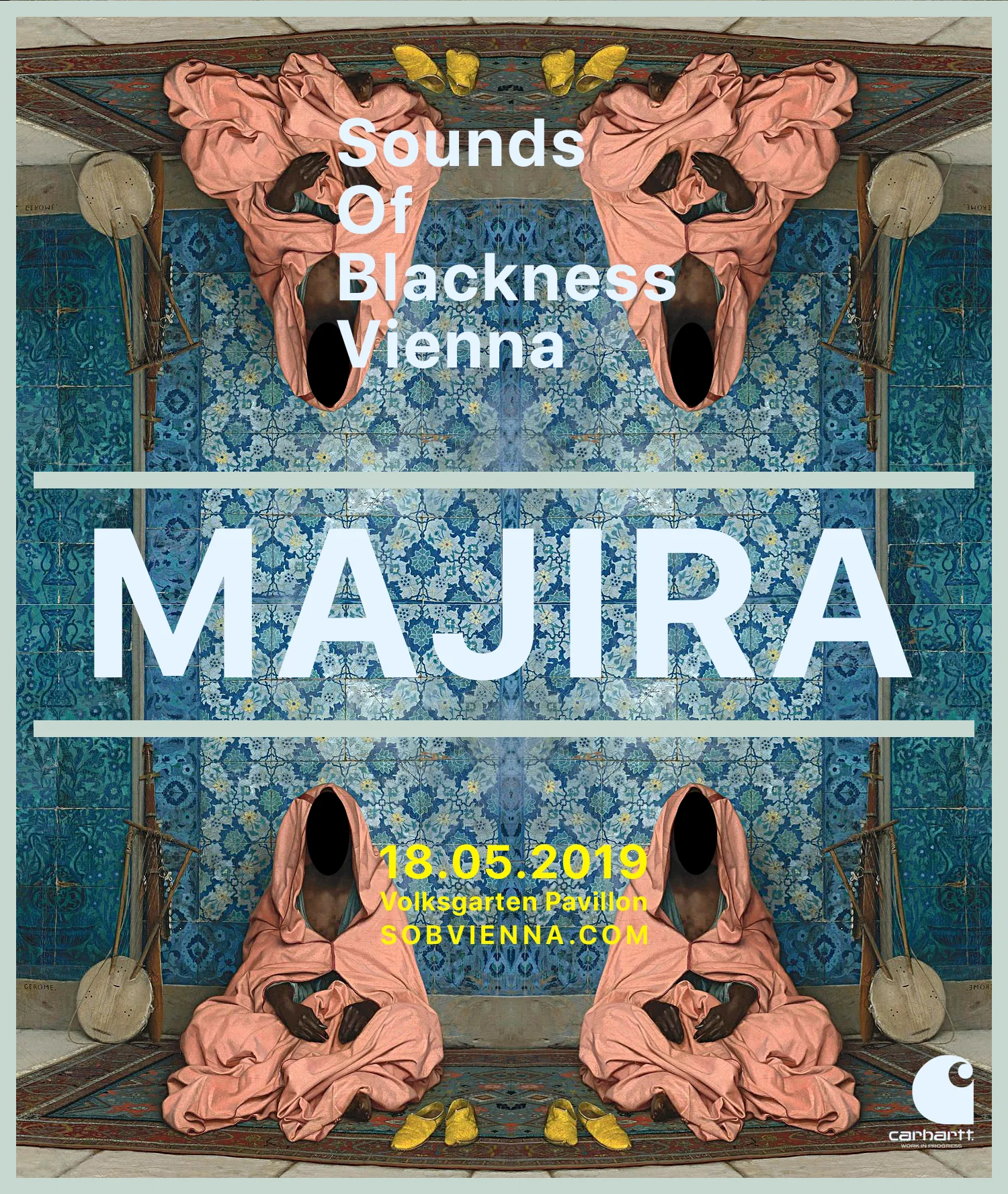 Event visual for Sounds of Blackness Vienna: a mirrored collage of figures in pink robes and lutes on blue patterned tiles, headline MAJIRA, with the event details in yellow