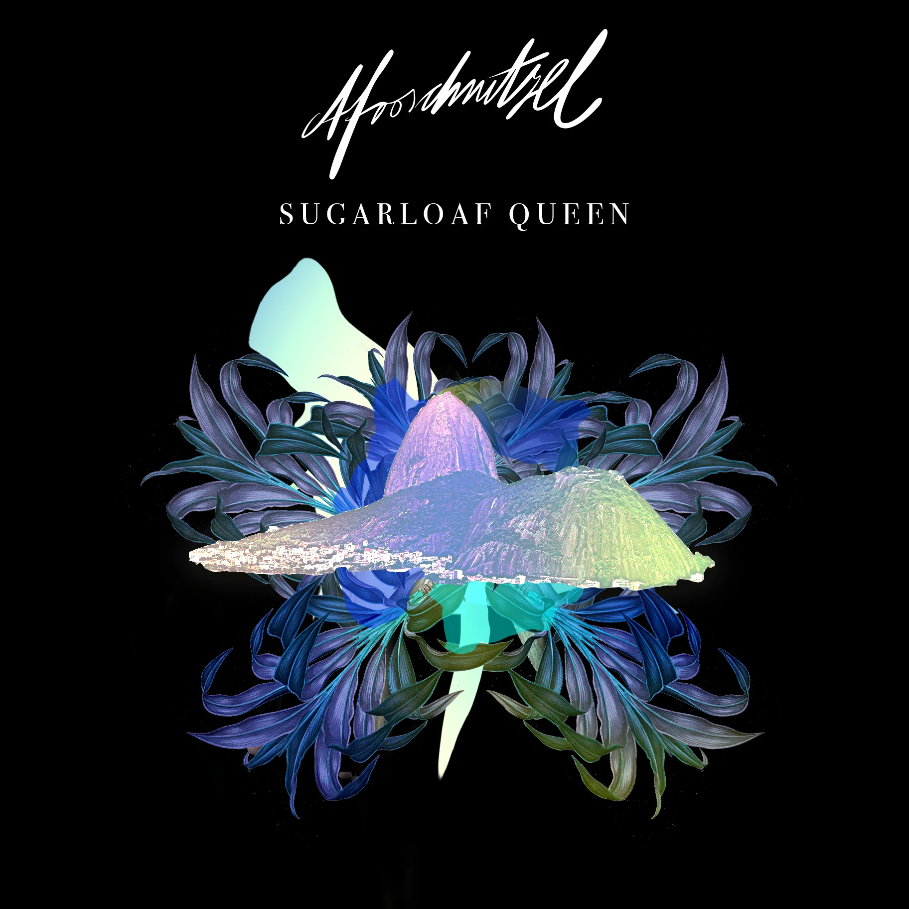 Sugarloaf Queen artwork: the Afroschnitzel signature and the title above a pearly mountain floating on blue and violet leaves, on black