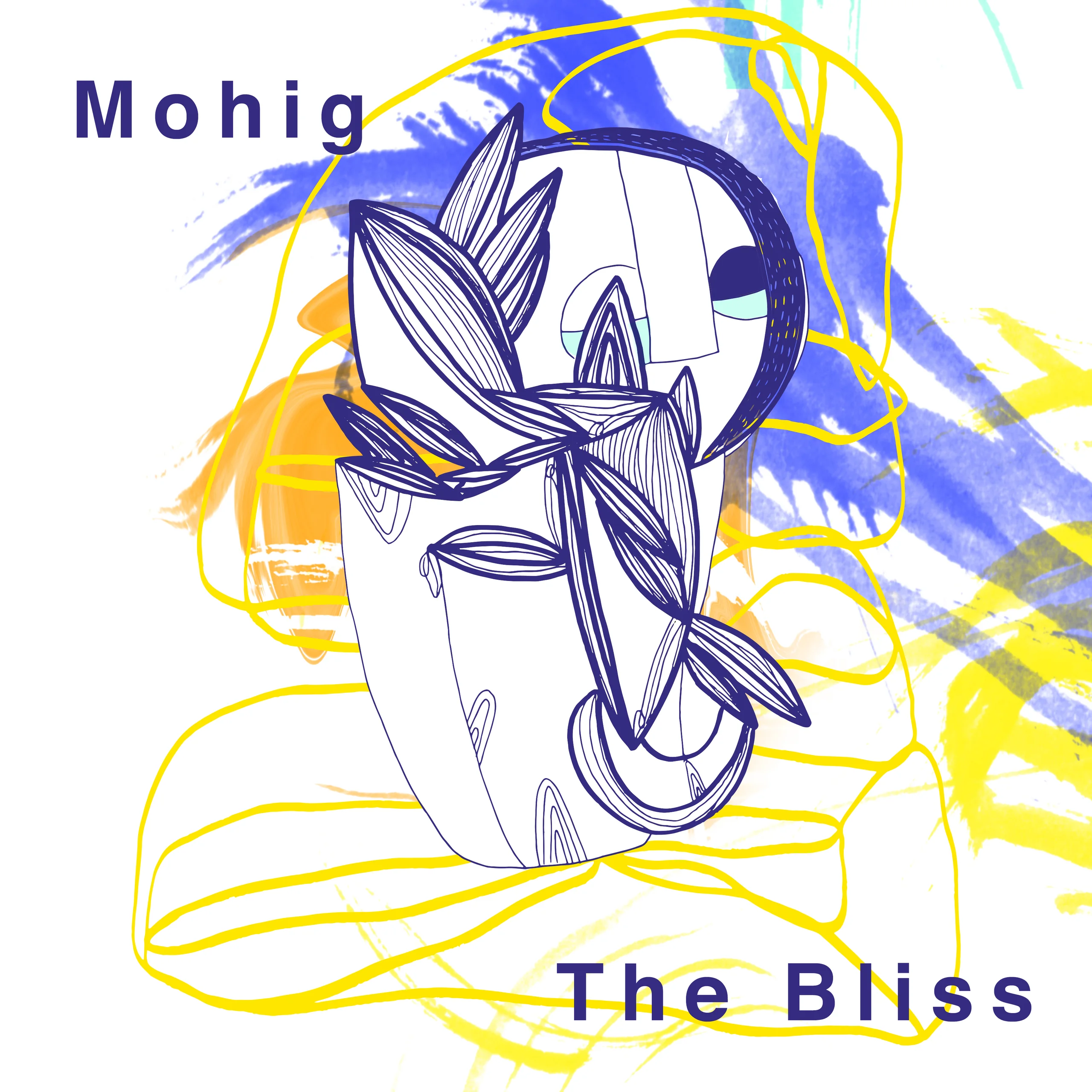 Second artwork, The Bliss: a line-drawn face with leaves over yellow loops and blue strokes, with Mohig